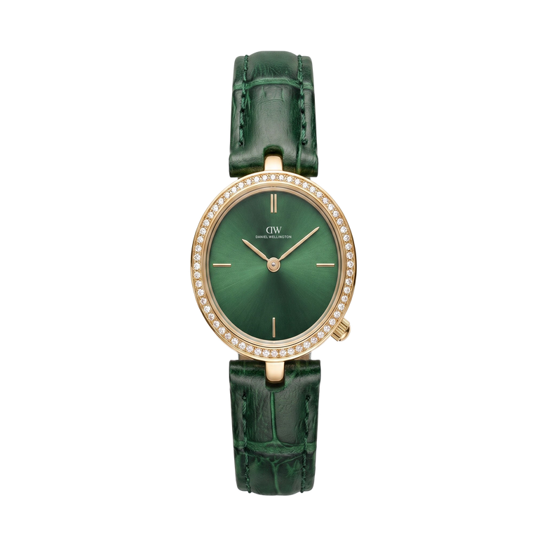 Round Analog Emerald Leather Gold