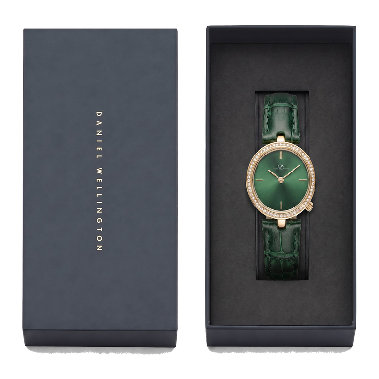 Round Analog Emerald Leather Gold