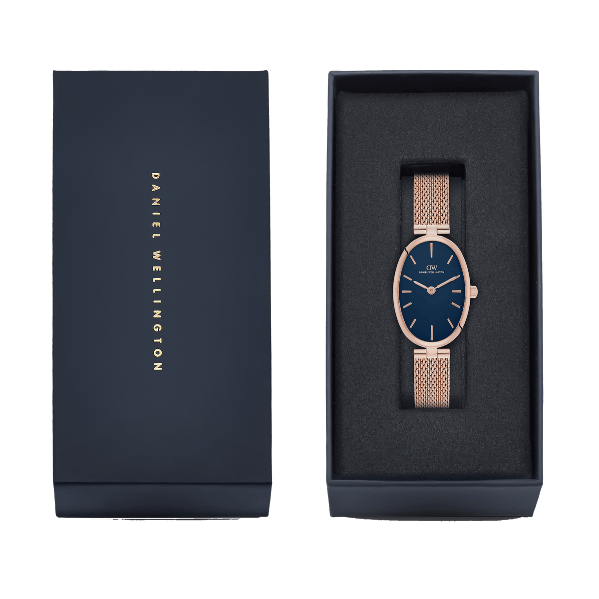 Oval Analog Blue Mesh Rose Gold