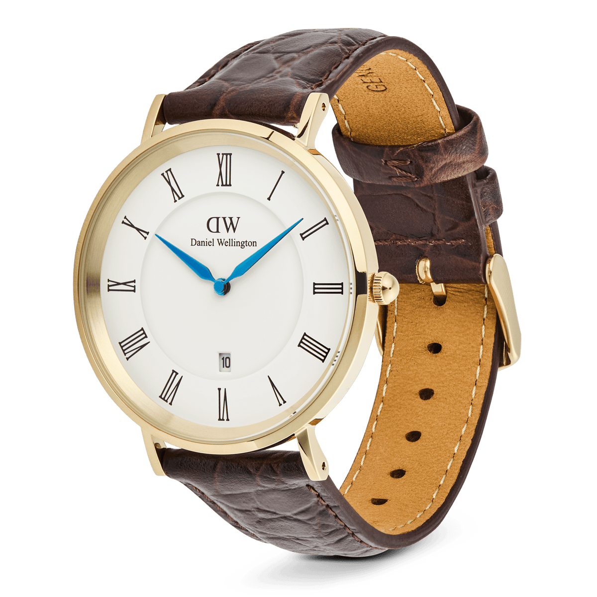 Classic Roman Numerals Date Dark Brown Croc Belly Gold
