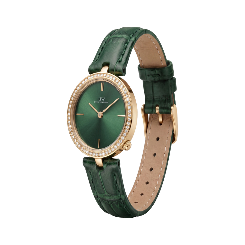 Round Analog Emerald Leather Gold