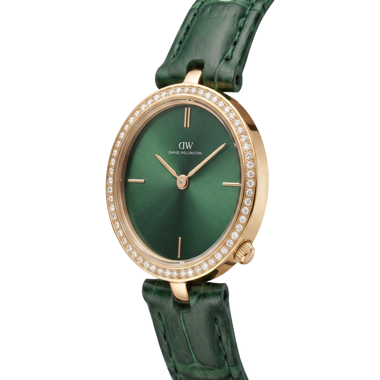 Round Analog Emerald Leather Gold