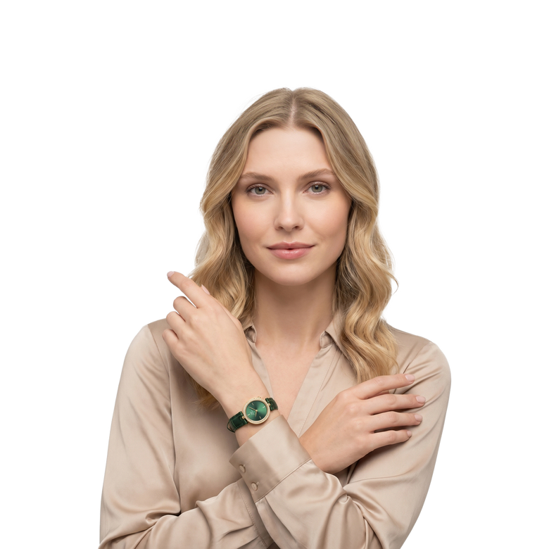 Round Analog Emerald Leather Gold