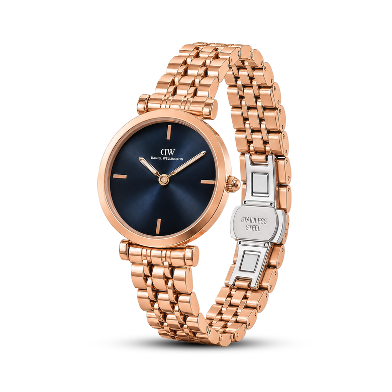 Round Analog Blue Rose Gold