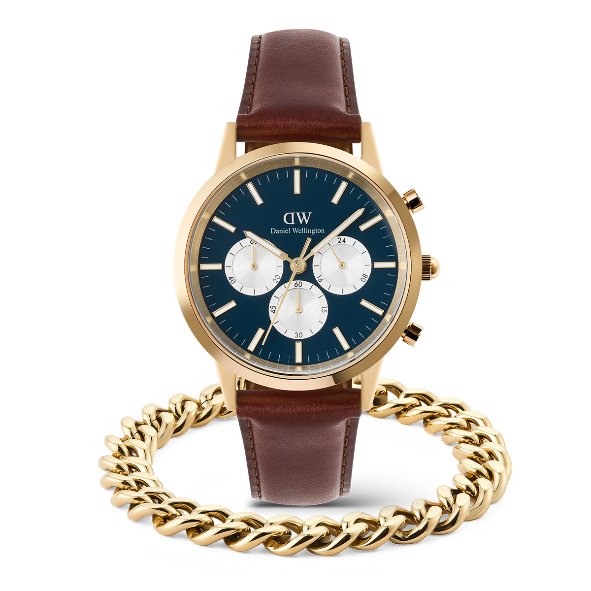 Iconic Chronograph Panda + Ellipse Cuban Chain Bracelet Gold Set
