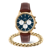 Iconic Chronograph Panda + Ellipse Cuban Chain Bracelet Gold Set