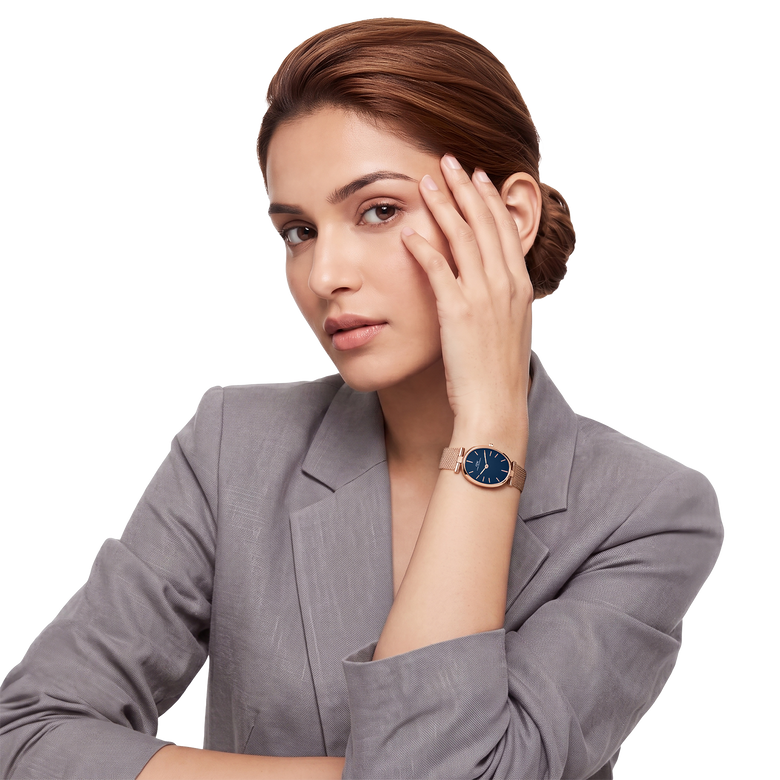 Oval Analog Blue Mesh Rose Gold