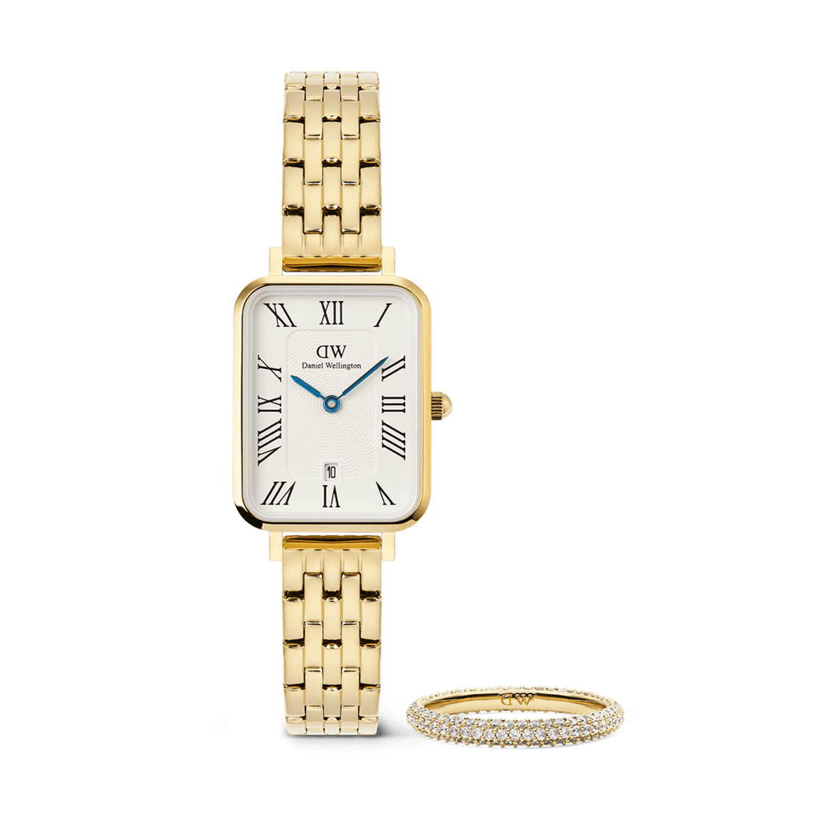 Quadro Roman Numerals Date + Pavé Ring 3mm Gold Set