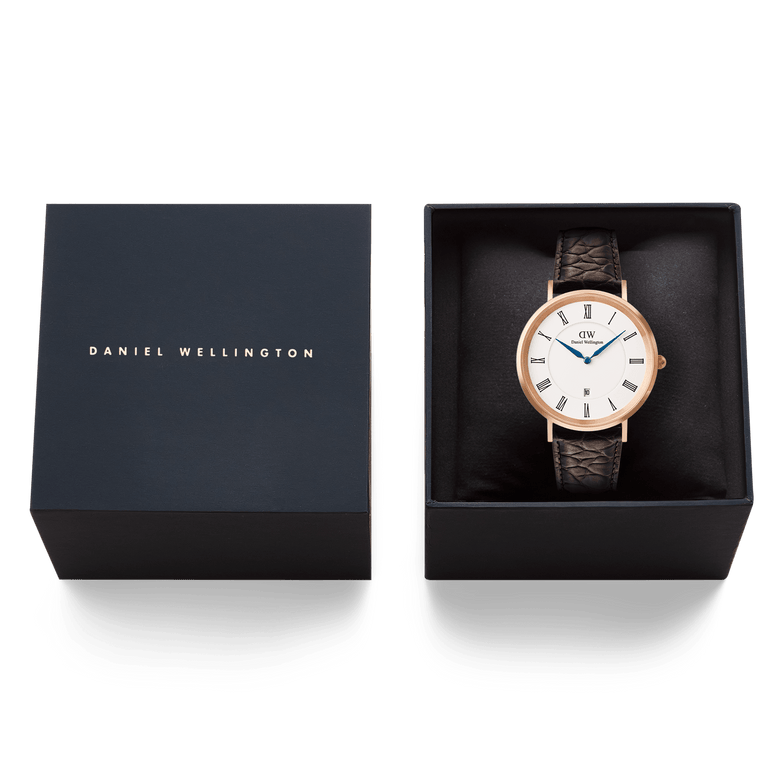 Classic Roman Numerals Date Dark Brown Croc Belly Rose Gold