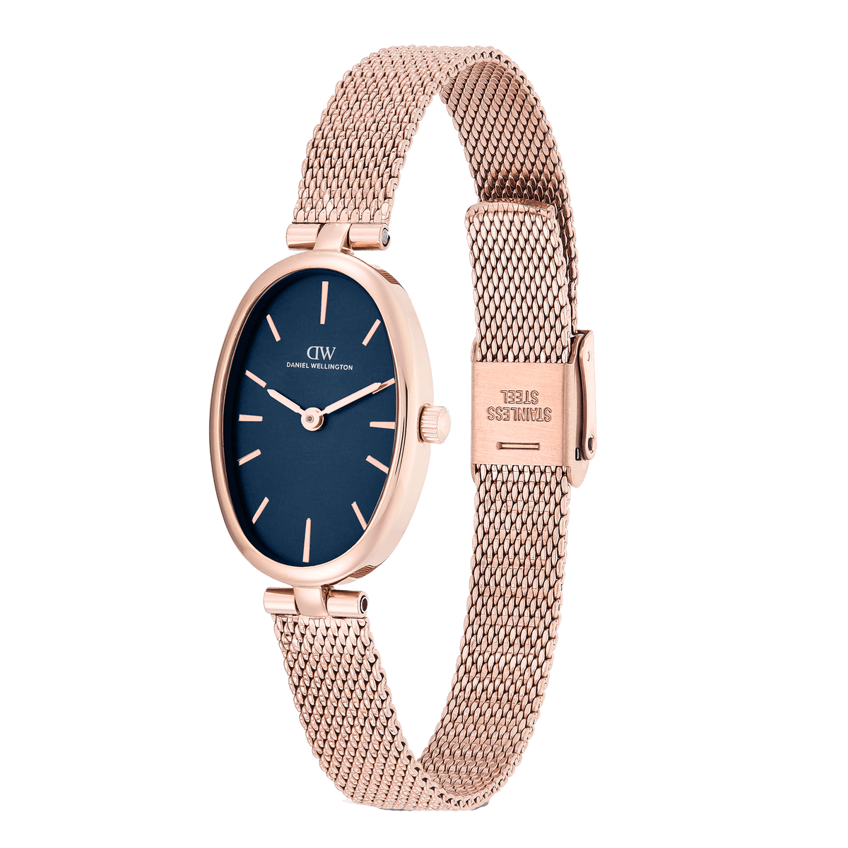 Oval Analog Blue Mesh Rose Gold