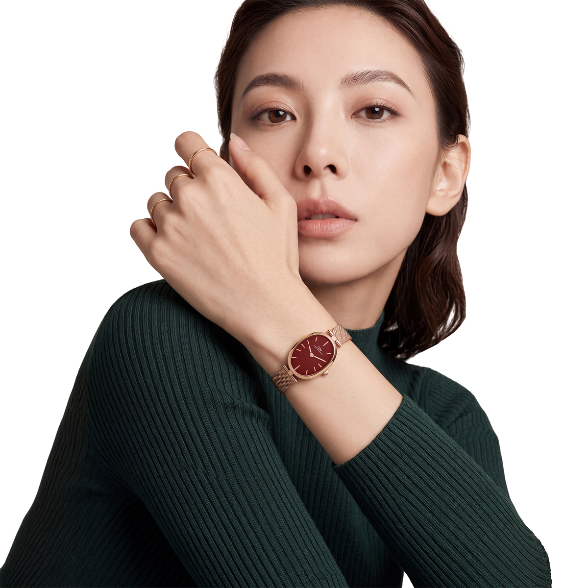 Oval Analog Burgundy Mesh Rose Gold