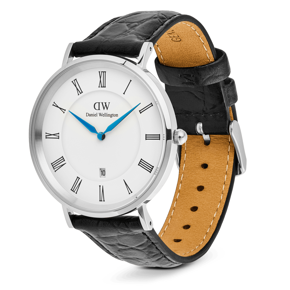 Classic Roman Numerals Date Black Croc Belly Silver